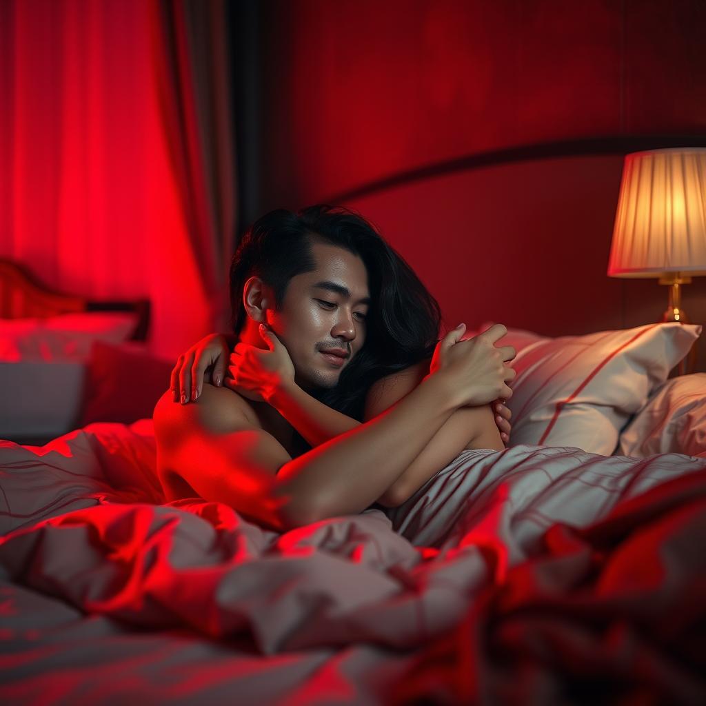A sensuous scene in a softly illuminated bedroom at night, featuring a Chinese man lying on the bed, affectionately hugging a beautiful, sexy woman