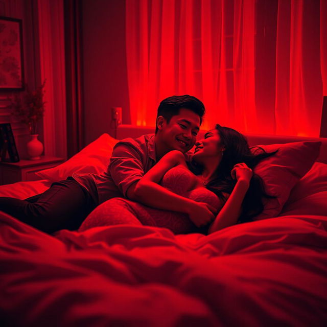 A romantic nighttime scene inside a cozy bedroom, highlighting a Chinese man lying on the bed as he lovingly hugs a beautiful, sexy woman