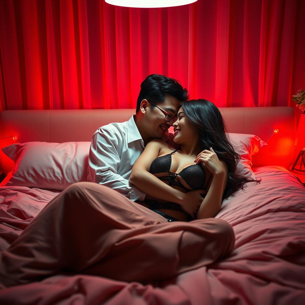 A romantic nighttime scene inside a cozy bedroom, highlighting a Chinese man lying on the bed as he lovingly hugs a beautiful, sexy woman