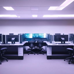 An array of modern computer tables in a well-lit room. Each table is equipped with high-tech computers, ergonomic chairs, and accessories like headphones and mouse pads.