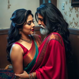 A voluptuous Hindu woman wearing a beautiful saree and a sleeveless blouse, capturing the essence of traditional Indian attire with intricate patterns and vibrant colors