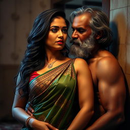 A voluptuous Hindu woman wearing a beautiful saree and a sleeveless blouse, capturing the essence of traditional Indian attire with intricate patterns and vibrant colors