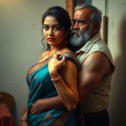 A voluptuous Hindu woman wearing a beautiful saree and a sleeveless blouse, capturing the essence of traditional Indian attire with intricate patterns and vibrant colors