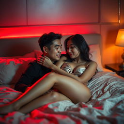 A tender nighttime scene in a softly lit bedroom, featuring a Chinese man lying on the bed, embracing a beautiful and sexy woman