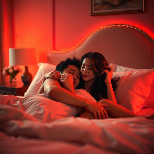 A tender nighttime scene in a softly lit bedroom, featuring a Chinese man lying on the bed, embracing a beautiful and sexy woman