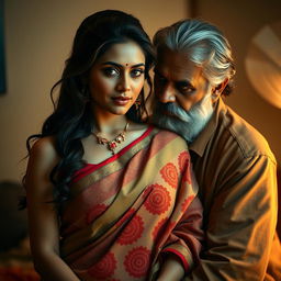 A voluptuous Hindu woman wearing a beautiful saree and a sleeveless blouse, capturing the essence of traditional Indian attire with intricate patterns and vibrant colors