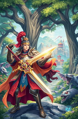 A vibrant Korean fantasy medieval scene depicted in a Korean anime style, featuring a dynamic collage of colorful characters