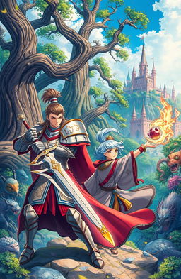 A vibrant Korean fantasy medieval scene depicted in a Korean anime style, featuring a dynamic collage of colorful characters