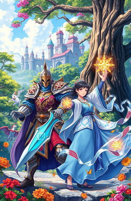 A vibrant Korean fantasy medieval scene depicted in a Korean anime style, featuring a dynamic collage of colorful characters