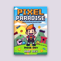 A vibrant book cover design for 'Pixel Paradise' by Indie Dev, showcasing a retro gaming adventure theme