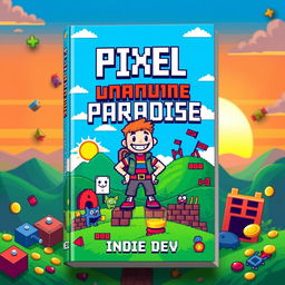 A vibrant book cover design for 'Pixel Paradise' by Indie Dev, showcasing a retro gaming adventure theme