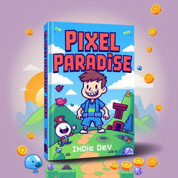 A vibrant book cover design for 'Pixel Paradise' by Indie Dev, showcasing a retro gaming adventure theme
