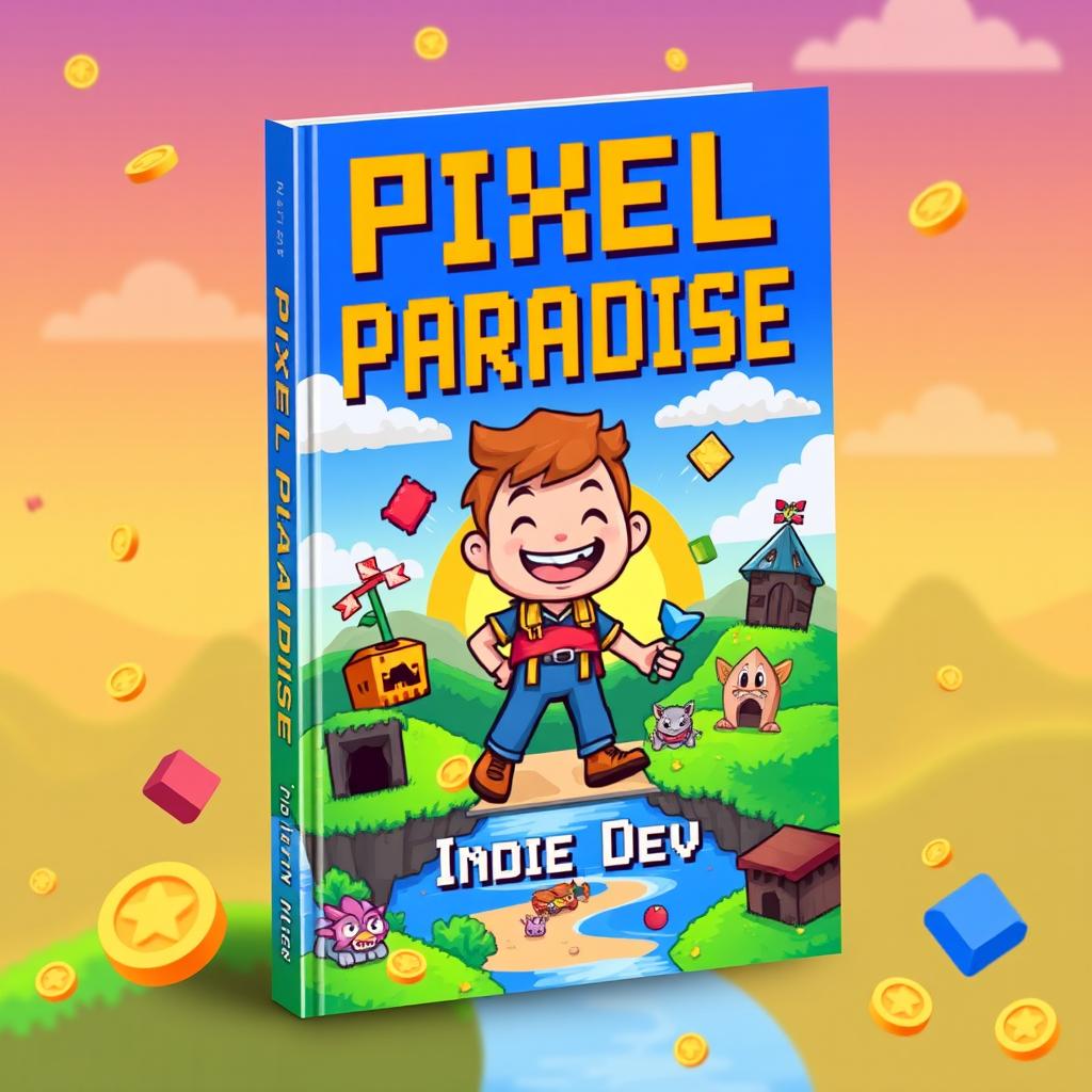 A vibrant book cover design for 'Pixel Paradise' by Indie Dev, showcasing a retro gaming adventure theme
