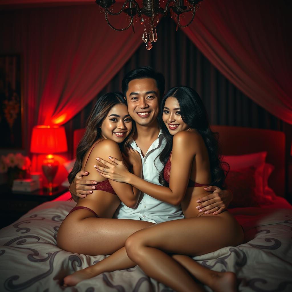 A captivating nighttime scene in an elegantly decorated bedroom, featuring a Chinese man embracing two beautiful, sexy women
