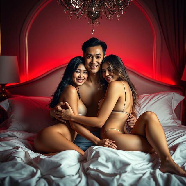 A captivating nighttime scene in an elegantly decorated bedroom, featuring a Chinese man embracing two beautiful, sexy women