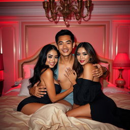 A captivating nighttime scene in an elegantly decorated bedroom, featuring a Chinese man embracing two beautiful, sexy women