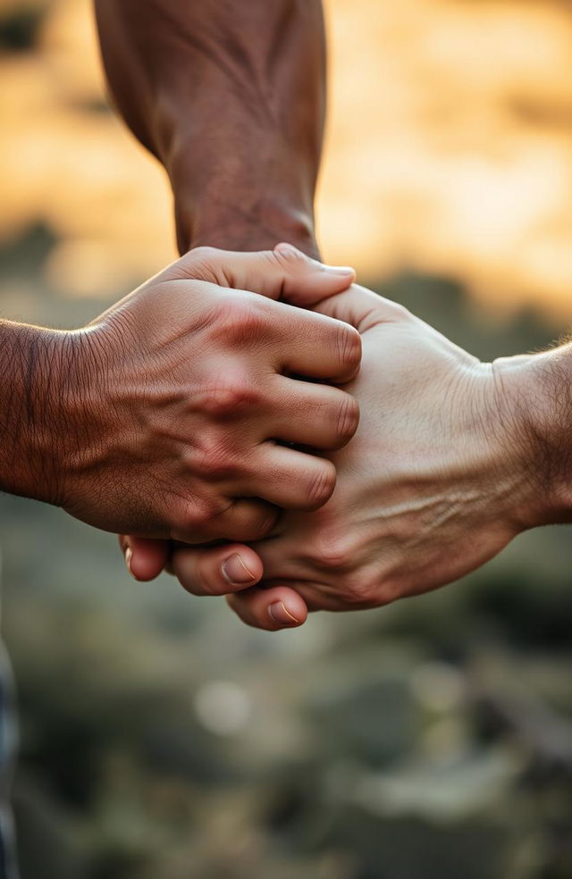 A dramatic close-up of two hands, clasped together, belonging to two strong men