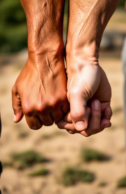 A dramatic close-up of two hands, clasped together, belonging to two strong men