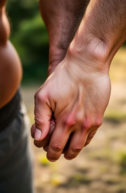 A dramatic close-up of two hands, clasped together, belonging to two strong men
