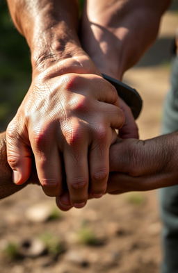 A dramatic close-up of two hands, clasped together, belonging to two strong men