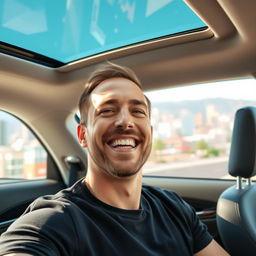 A man expressing gratitude inside his car, with a warm smile and a joyful expression