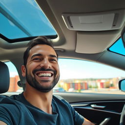 A man expressing gratitude inside his car, with a warm smile and a joyful expression
