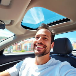 A man expressing gratitude inside his car, with a warm smile and a joyful expression