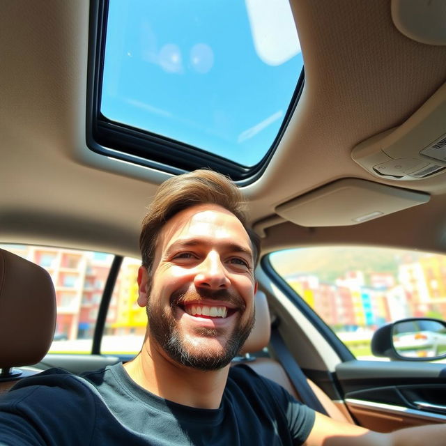 A man expressing gratitude inside his car, with a warm smile and a joyful expression