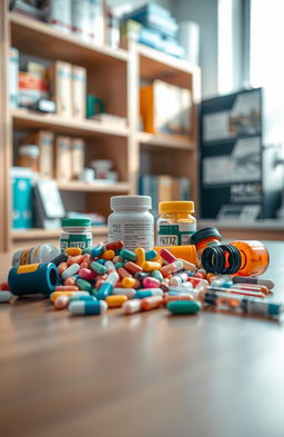 A beautifully arranged display of various types of medicines, including colorful pills, capsules, and syringes, on a clean, polished wooden surface