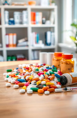 A beautifully arranged display of various types of medicines, including colorful pills, capsules, and syringes, on a clean, polished wooden surface