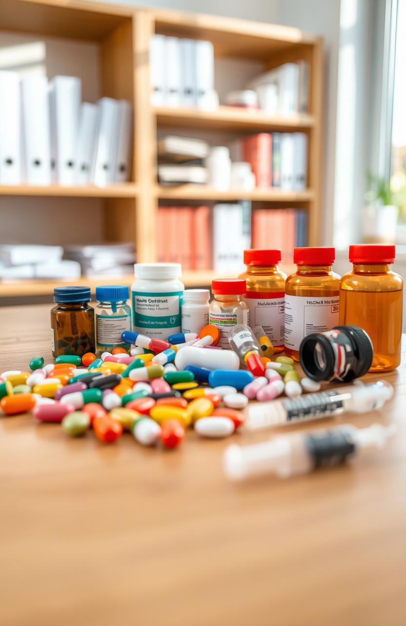 A beautifully arranged display of various types of medicines, including colorful pills, capsules, and syringes, on a clean, polished wooden surface