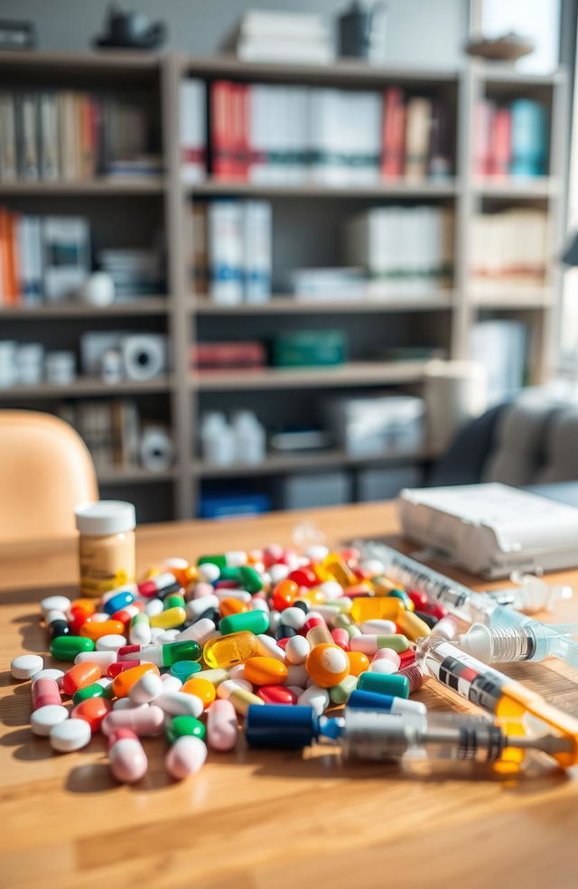 A beautifully arranged display of various types of medicines, including colorful pills, capsules, and syringes, on a clean, polished wooden surface
