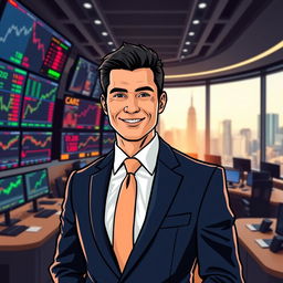 A stylized portrait of a successful trader standing confidently in front of multiple screens displaying stock market graphs and financial data