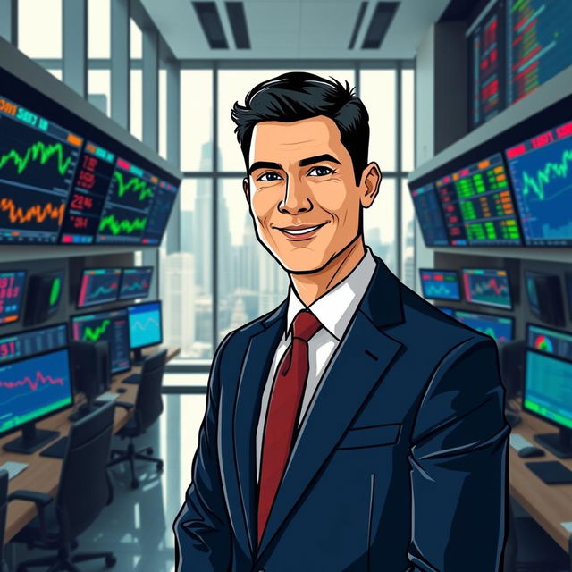 A stylized portrait of a successful trader standing confidently in front of multiple screens displaying stock market graphs and financial data