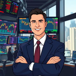 A stylized portrait of a successful trader standing confidently in front of multiple screens displaying stock market graphs and financial data