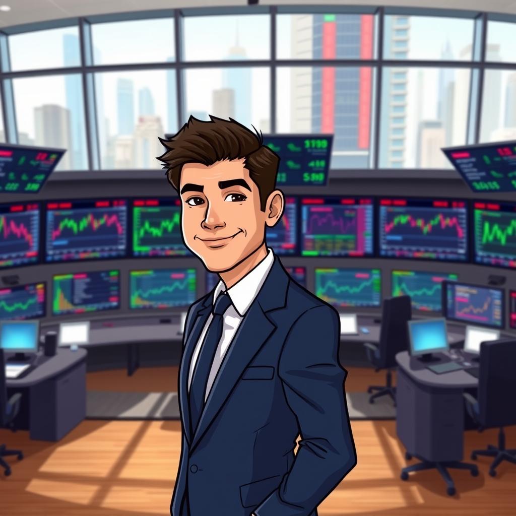 A stylized portrait of a successful trader standing confidently in front of multiple screens displaying stock market graphs and financial data