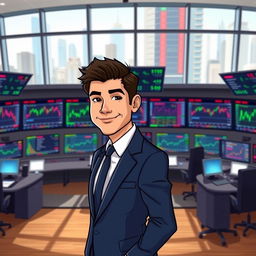 A stylized portrait of a successful trader standing confidently in front of multiple screens displaying stock market graphs and financial data