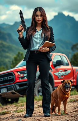 A female lawyer with very long dark brown hair stands confidently, holding a gun in her right hand and a book in her left