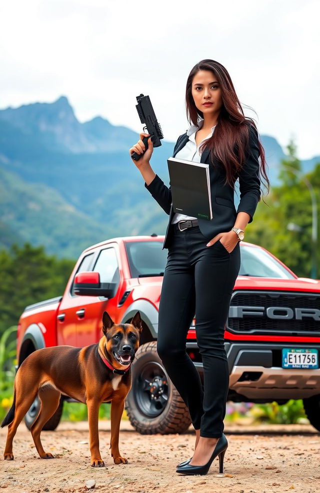 A female lawyer with very long dark brown hair stands confidently, holding a gun in her right hand and a book in her left