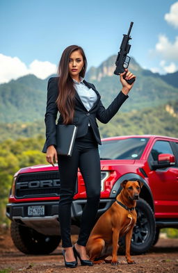A female lawyer with very long dark brown hair stands confidently, holding a gun in her right hand and a book in her left