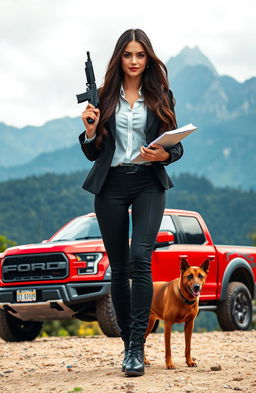 A female lawyer with very long dark brown hair stands confidently, holding a gun in her right hand and a book in her left