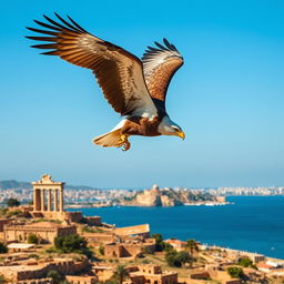 A majestic eagle soaring high above the famous landmarks of Tunisia, showcasing a blend of the country’s natural beauty and cultural heritage