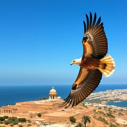 A majestic eagle soaring high above the famous landmarks of Tunisia, showcasing a blend of the country’s natural beauty and cultural heritage
