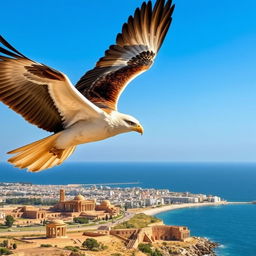 A majestic eagle soaring high above the famous landmarks of Tunisia, showcasing a blend of the country’s natural beauty and cultural heritage