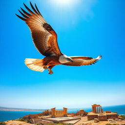 A majestic eagle soaring high above the famous landmarks of Tunisia, showcasing a blend of the country’s natural beauty and cultural heritage