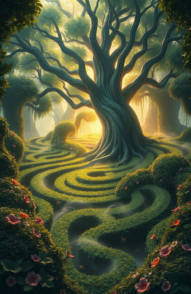 A mystical and surreal labyrinth made of lush greenery and vibrant flowering plants, with intricate winding paths and enchanting light filtering through the leaves