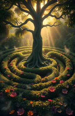 A mystical and surreal labyrinth made of lush greenery and vibrant flowering plants, with intricate winding paths and enchanting light filtering through the leaves