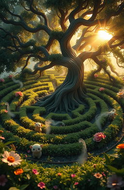 A mystical and surreal labyrinth made of lush greenery and vibrant flowering plants, with intricate winding paths and enchanting light filtering through the leaves