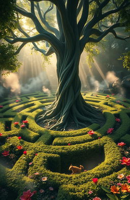 A mystical and surreal labyrinth made of lush greenery and vibrant flowering plants, with intricate winding paths and enchanting light filtering through the leaves