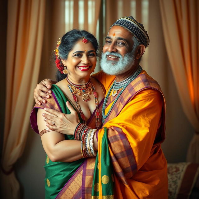 A traditional, blouseless, beautiful, and voluptuous Hindu woman is lovingly embracing a conservative, bearded, aged Muslim man